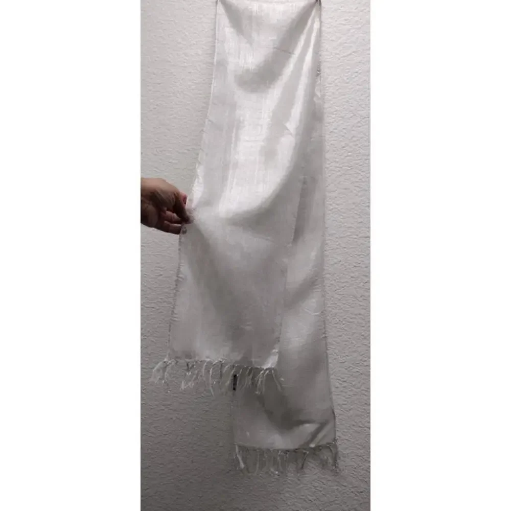 1970s Silver Metallic Long Scarf 70s GLAM UNISEX RAYON FRINGE SCARF DISCO ERA
